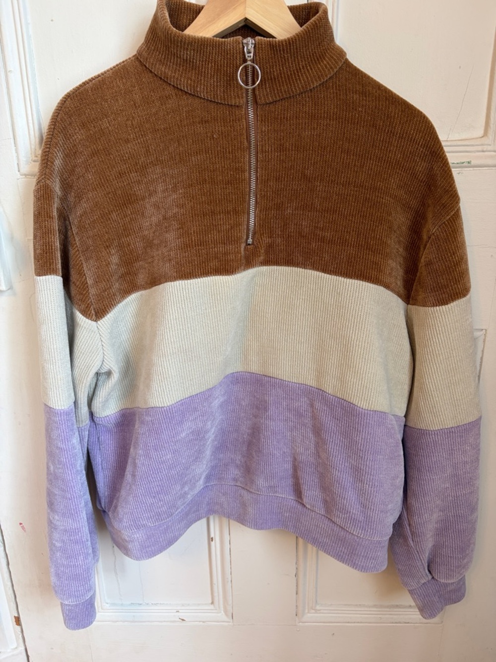 Bershka Brown & Beige Corduroy Half-Zip Sweater